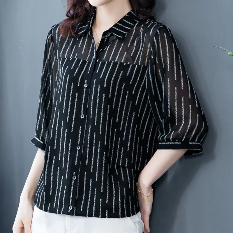 Casual Vintage Striped Printed Patchwork Chiffon Shirt Summer 2023 Polo-Neck Three Quarter Sleeve Loose Cardigan Ladies Clothing