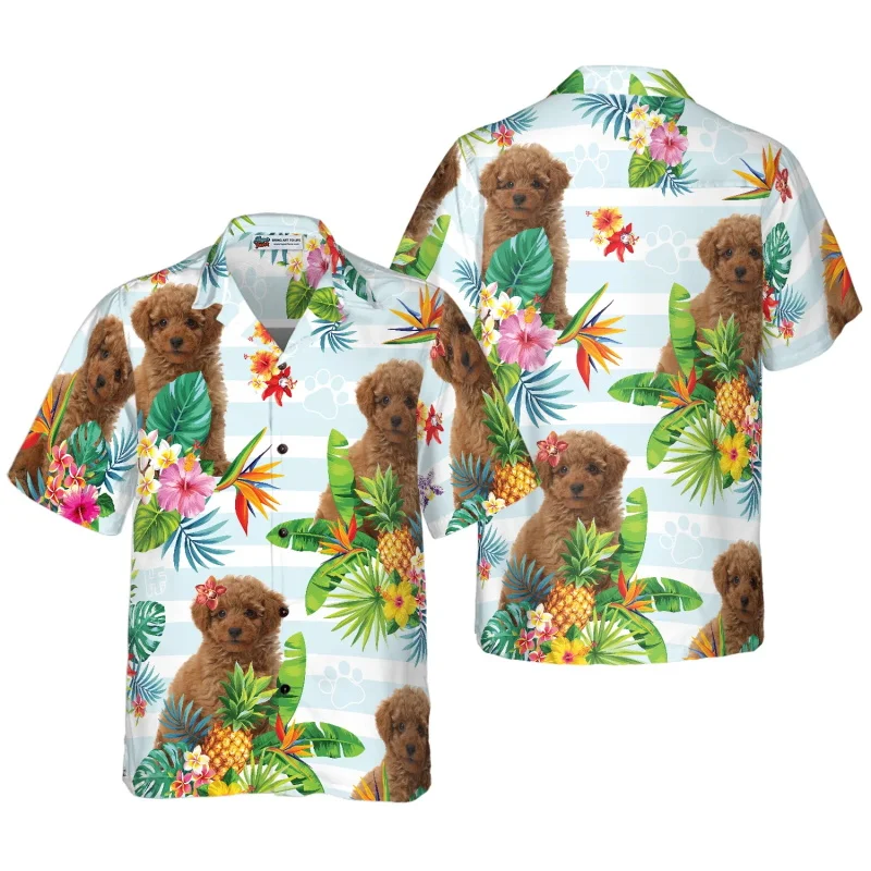 

Full Print Pineapple Poodles Hawaiian Shirt For Men Casual Short Sleeve Lapel Collar Button Down Beach Shirts Cute Poodles Shirt