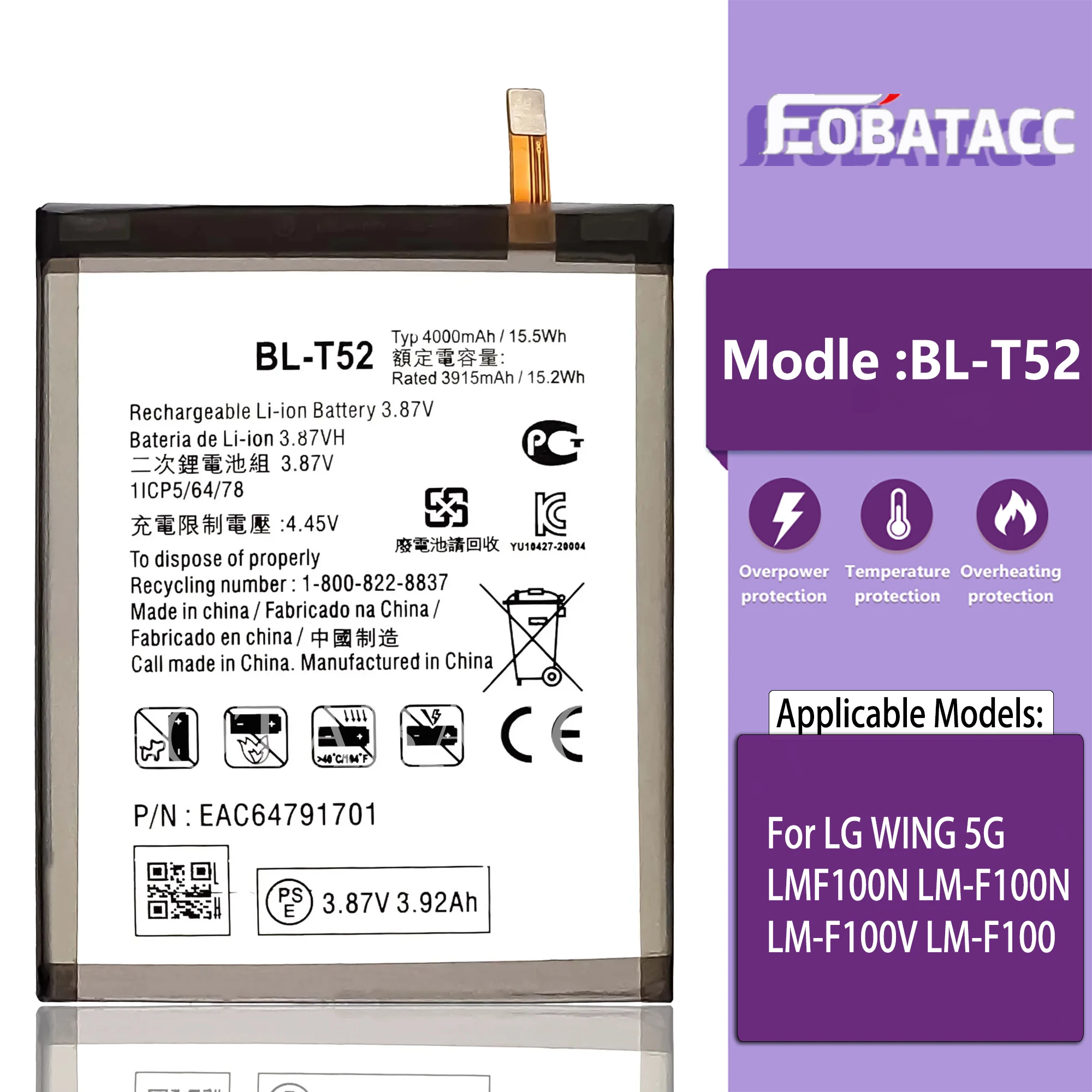 Original Capacity BL-T52 T52 Battery For LG WING 5G LMF100N LM-F100N LM-F100V LM-F100 BL-T52 Mobile Phone Batteries Bateria