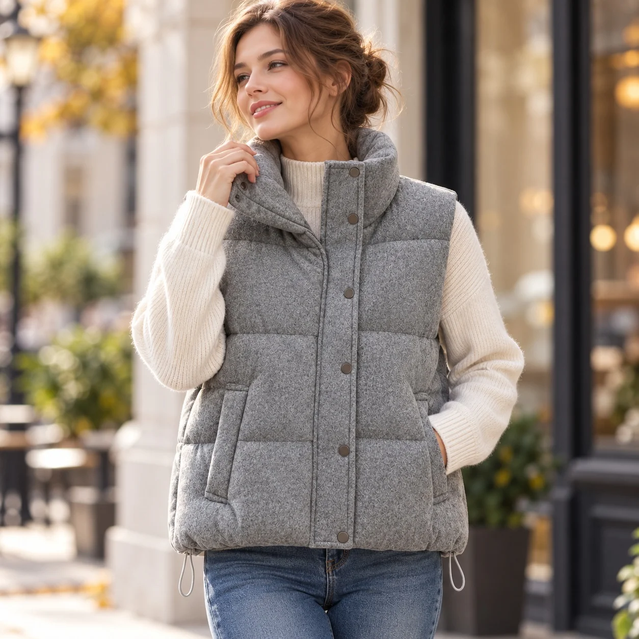Pockets Stand Collar Vest with Loose Fit Short Length European and American Style Elegant Professional Women Vest Spring