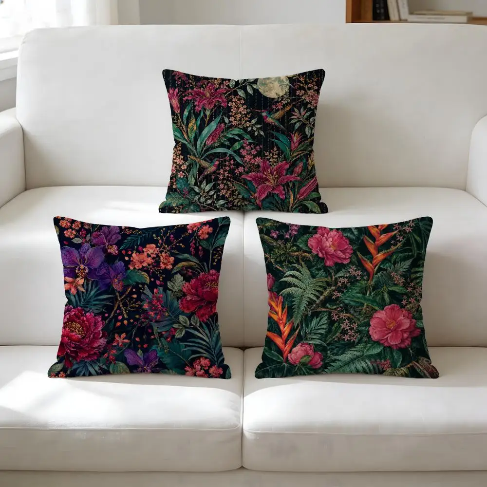 Vintage Black Flowers And Birds Pillow Case Double-Sided Plush Sofa Cushion Covers Organic Breathable Invisible Zipper