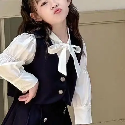 2-11Y Spring Fall Children Girl 3PCS Clothes Set Cotton White Ruched Bow Shirts Black Vest Pleated Skirts JK Suit Girl Outfit