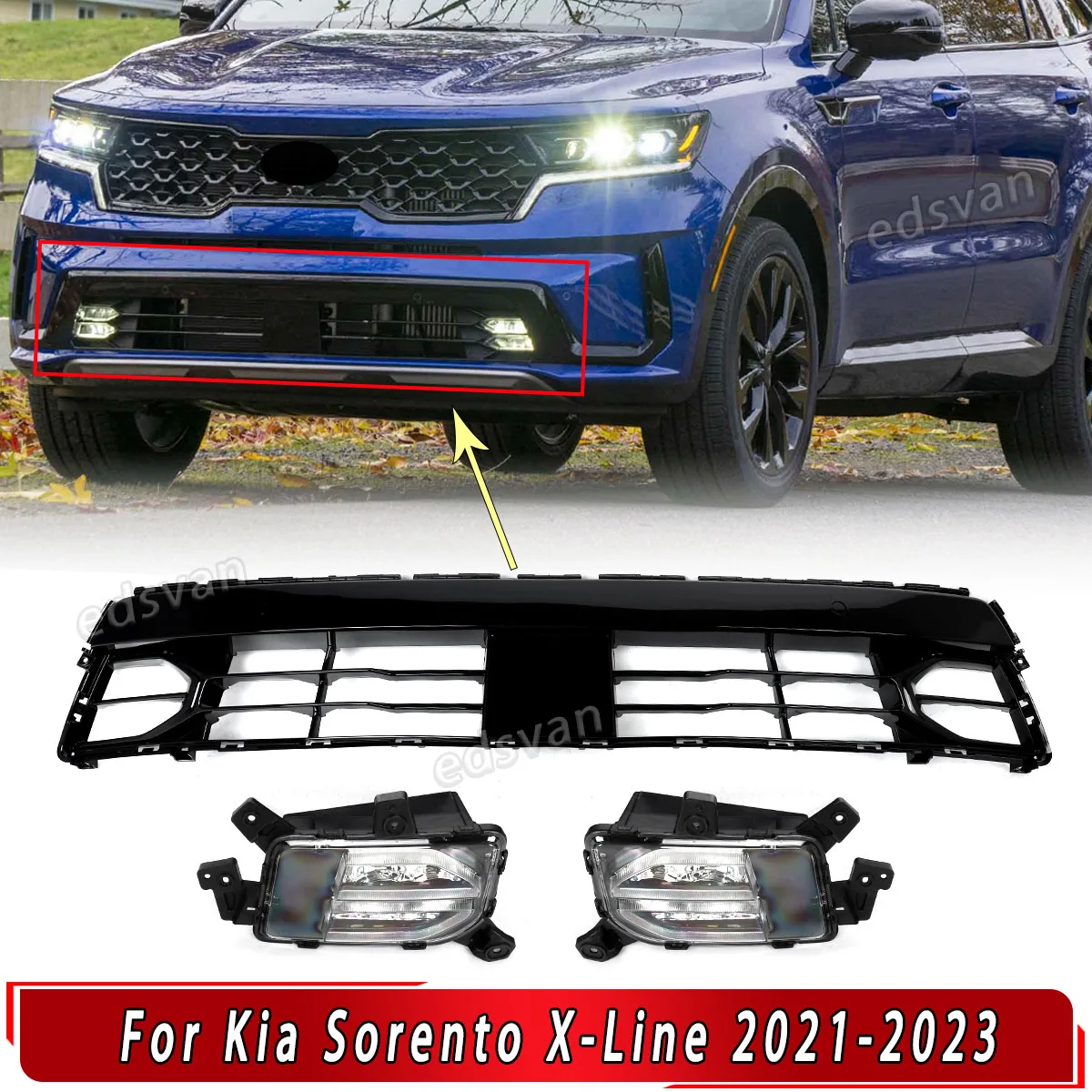 For 2021-2023 Kia Sorento X-Line Front Bumper Lower Grille With Daytime Running Lights Gloss Black