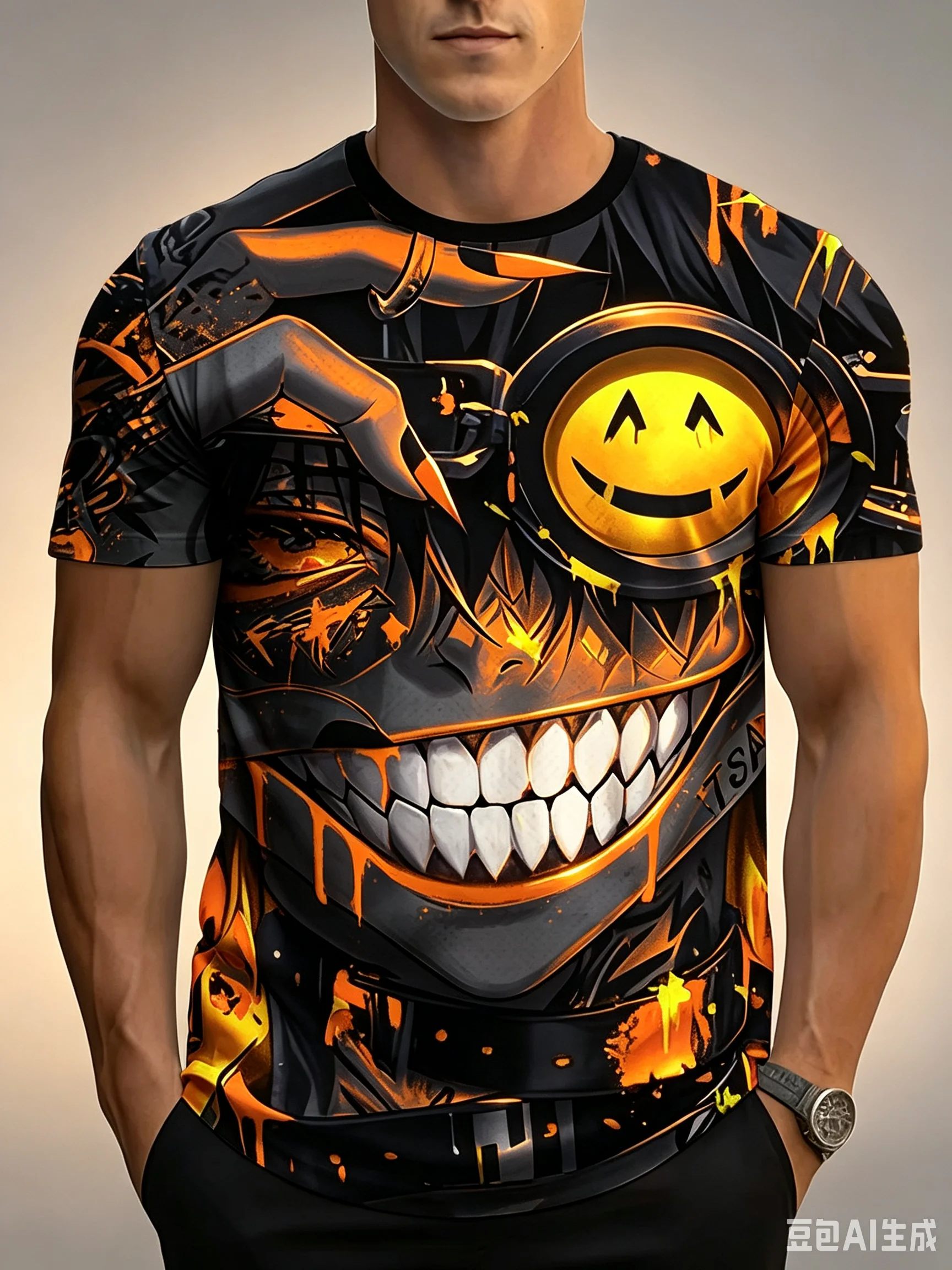 Men's Dark Streetwear T-Shirt, Neon Green Purple Evil Smile Print Short Sleeve Tee, Hip Hop Punk Gothic Casual Graphic Top