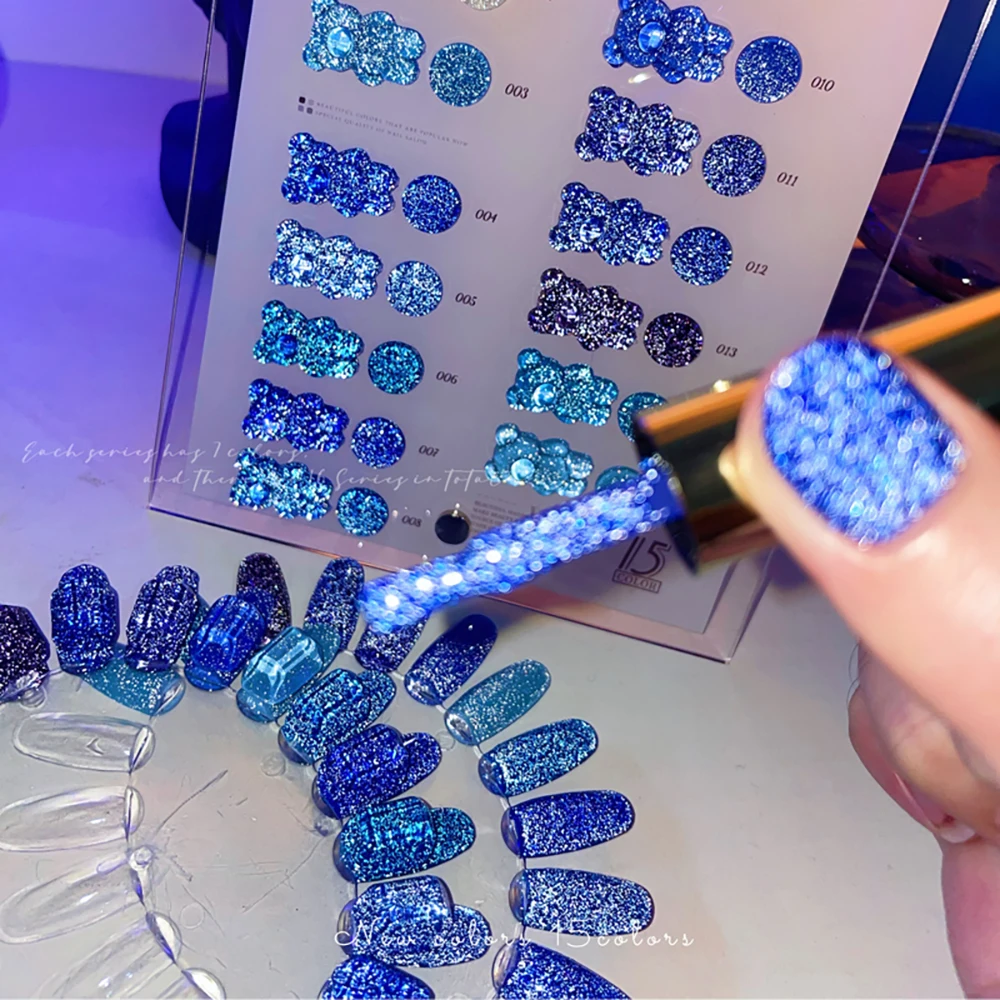 Vendeeni 15 Farben/Set Blauer Glitzer-Broken-Diamond-Gel-Nagellack Semi-Permanenter UV-LED-Soak-Off-Gel-Lack mit Display – Detail 11