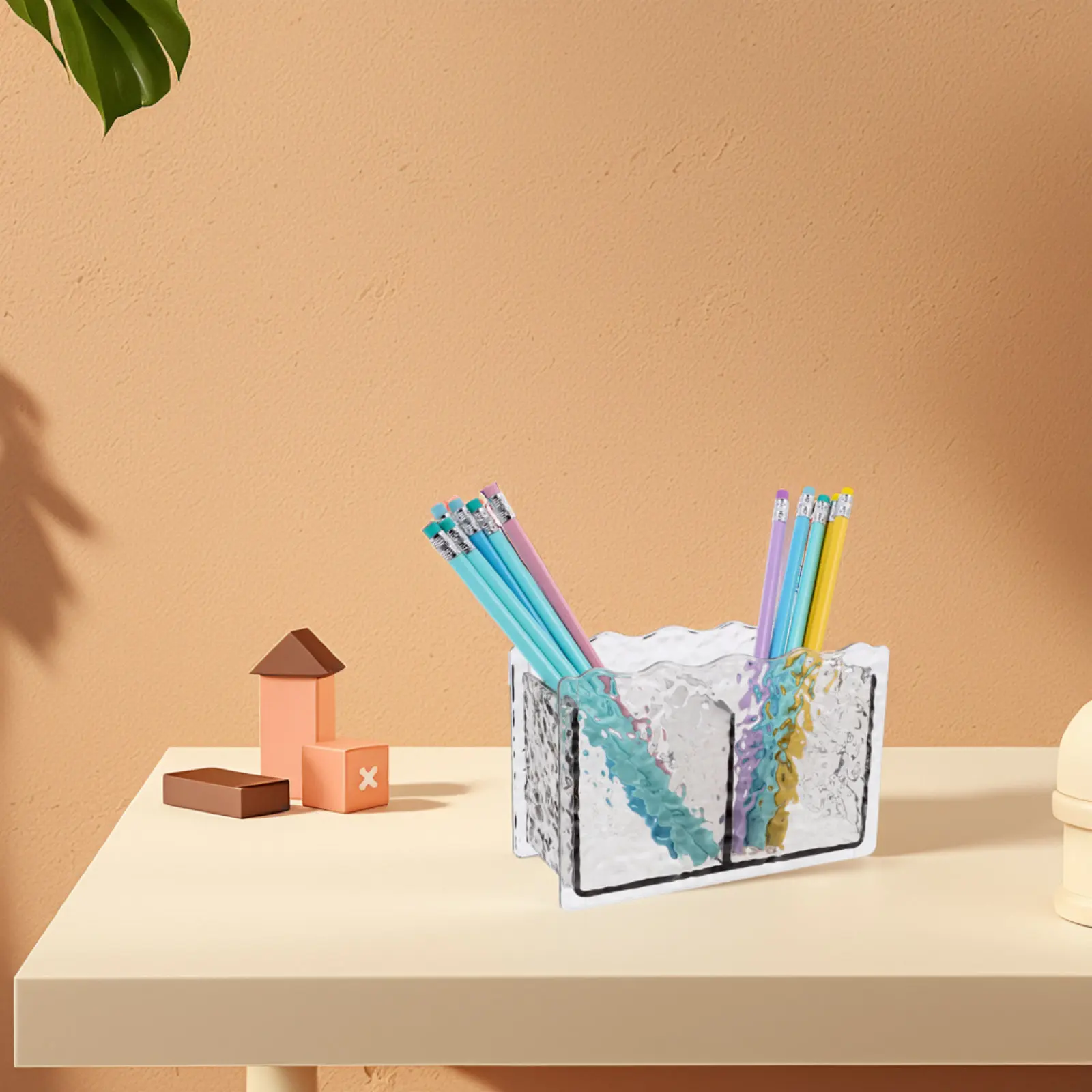 Plastic Pencil Holder Clear Desk Pen Organizer Double-Grid Small Desktop Pen Cup Multifunctional Stationery Organizer Makeup