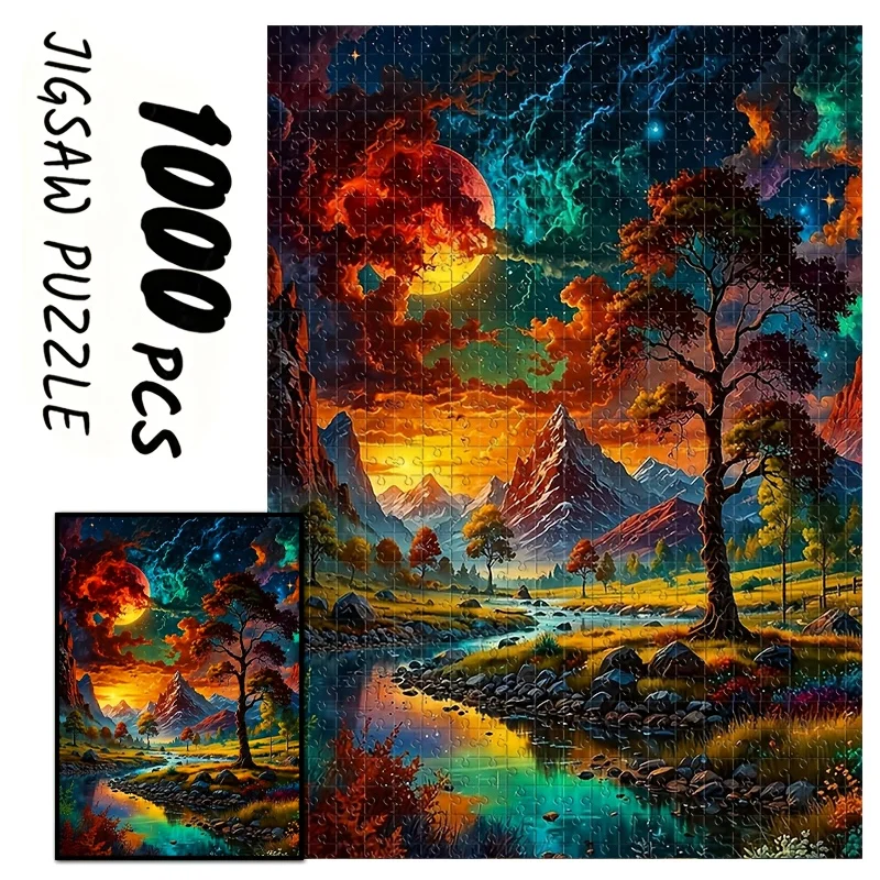 

1000 шт. Пазл для взрослых | Загадочная лесная горная ночная сцена с луной, звездой, рекой, деревьями | Настенный монтаж 19,69x27,56 дюйма,