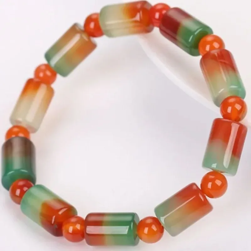 Natural red and green agate bracelet with barrel beads, new popular versatile accessory for women, 8*12mm