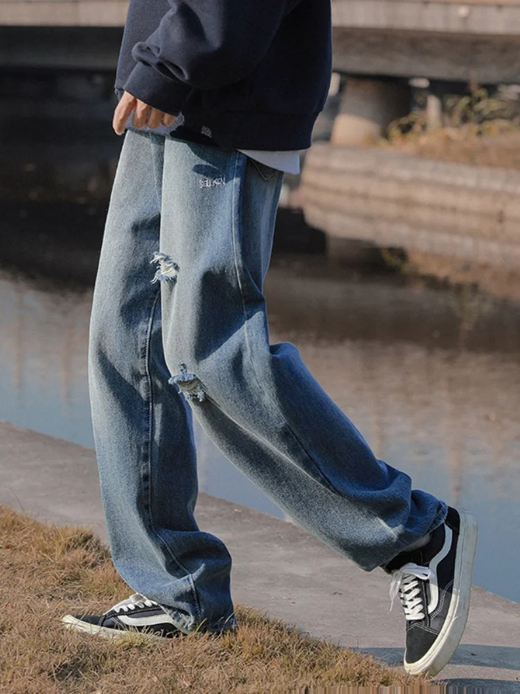 

Washed Ripped Straight Leg Jeans Men's Autumn Trendy American High Street Loose Wide Leg Pants Men's Jeans Casual Wear
