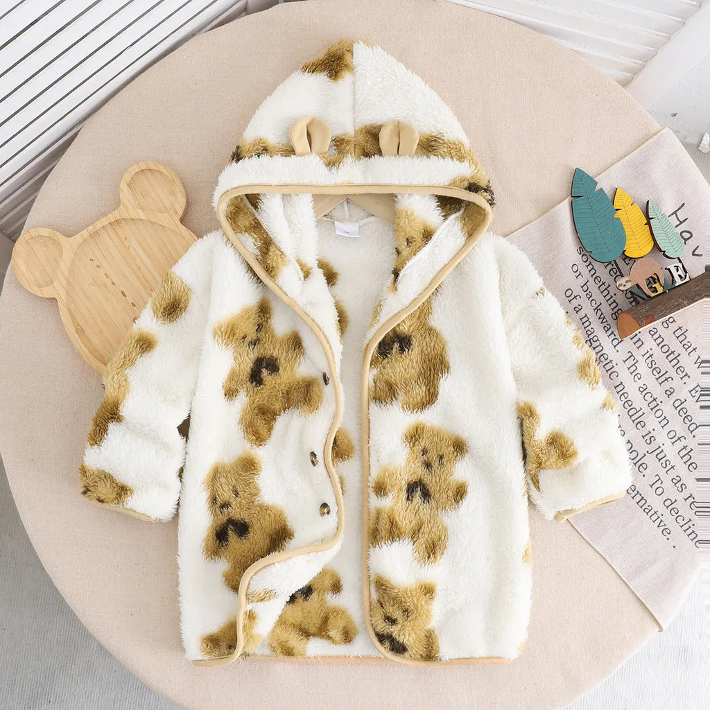 3-7 Years Kids Boy and Girl Hooded Coat Lovely Bear Graphic Long Sleeved Winter Warm Overcoat Child Casual Fashion Sweatshirt