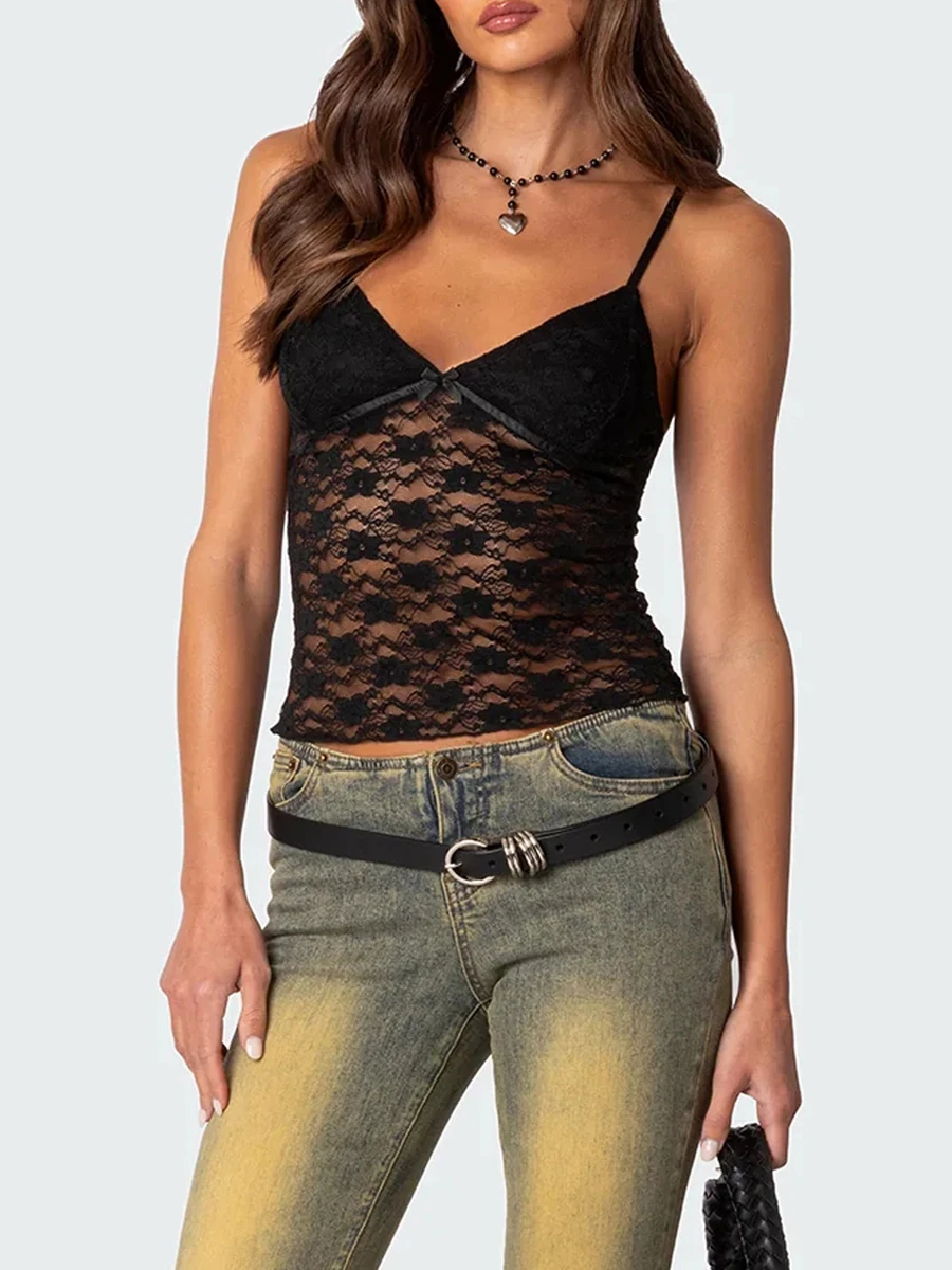 Women Crop Floral Lace Camisole Summer Backless Spaghetti Strap Tank Tops Sleeveless T-Shirt for Streetwear Clubwear