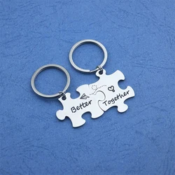 2pcs Stainless Steel Puzzle Keychain Metal Couples Letters Engraved Keyring For Women Men Valentine's Day Wedding Jewelry Gift