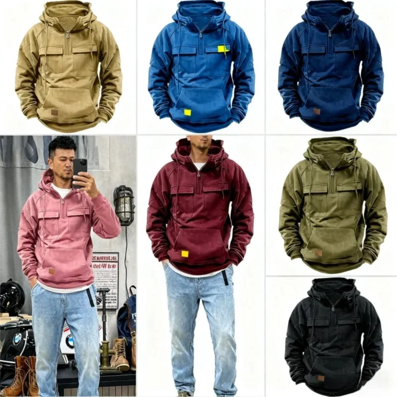남성용 후드 유틸리티 스웨트셔츠 - 가죽 장식이 있는 멀티 포켓 스포츠웨어 (단색 디자인)