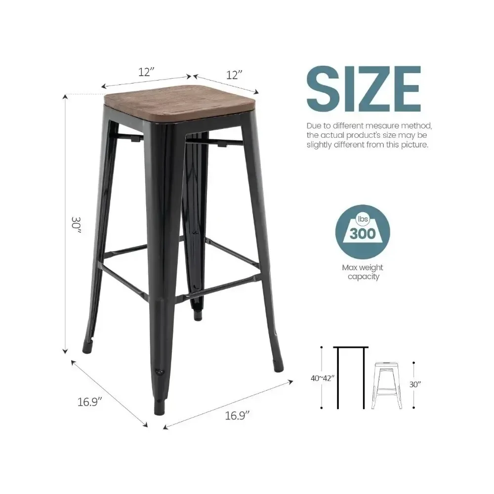 Bancos de bar de metal de 30 polegadas com assento quadrado de madeira maciça de olmo