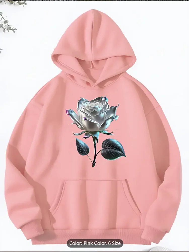 Womens Pink Hoodie Rose Print Cozy Fleece Lined Hooded Sweatshirt Casual Pullover with Pockets Casual Pullover Pockets Cotton