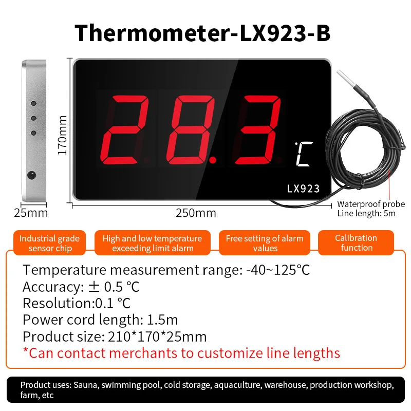 Water temper gauge bath sauna sweat steaming swimm pool aquaculture specific thermo waterproof with probe high-precision LX923B