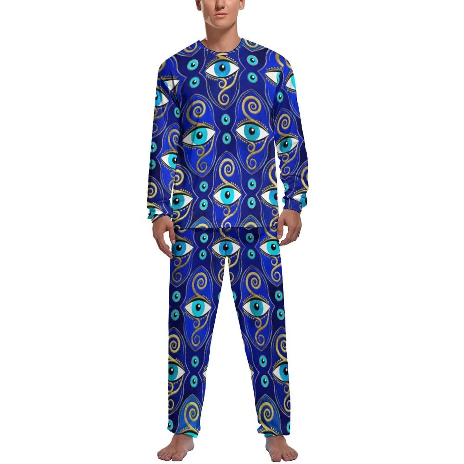 

Evil Eye Charm Pattern Pajamas Daily 2 Piece Greek Eyes Mati Amulet Elegant Pajamas Set Men Long Sleeve Leisure Custom Sleepwear