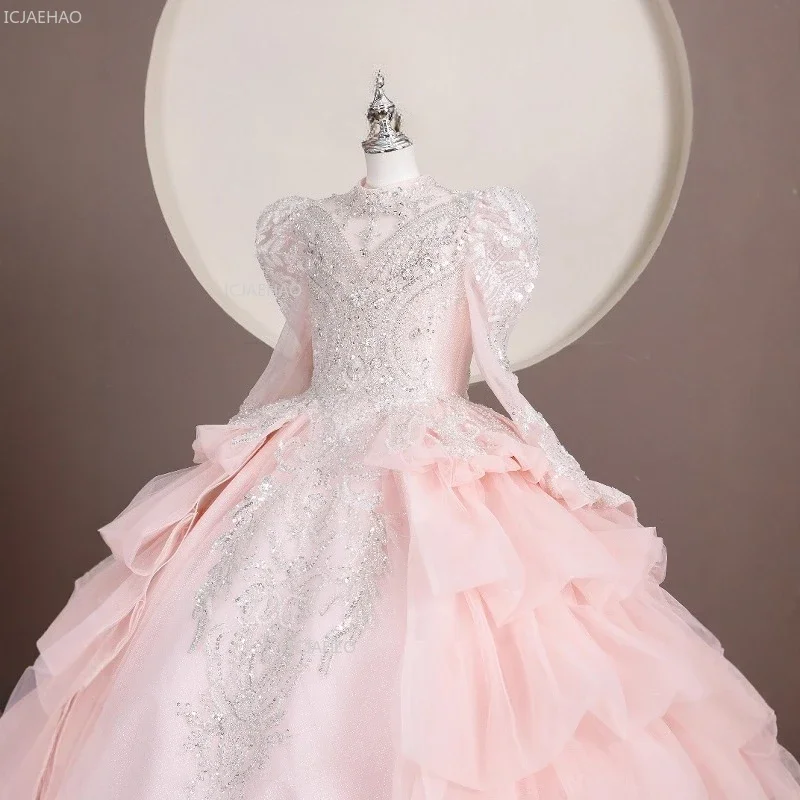 Flower Pink Princess Party Dress for Girls Kids Birthday Girl Children Gown Host Singing Performance Pageant Formal Dresses