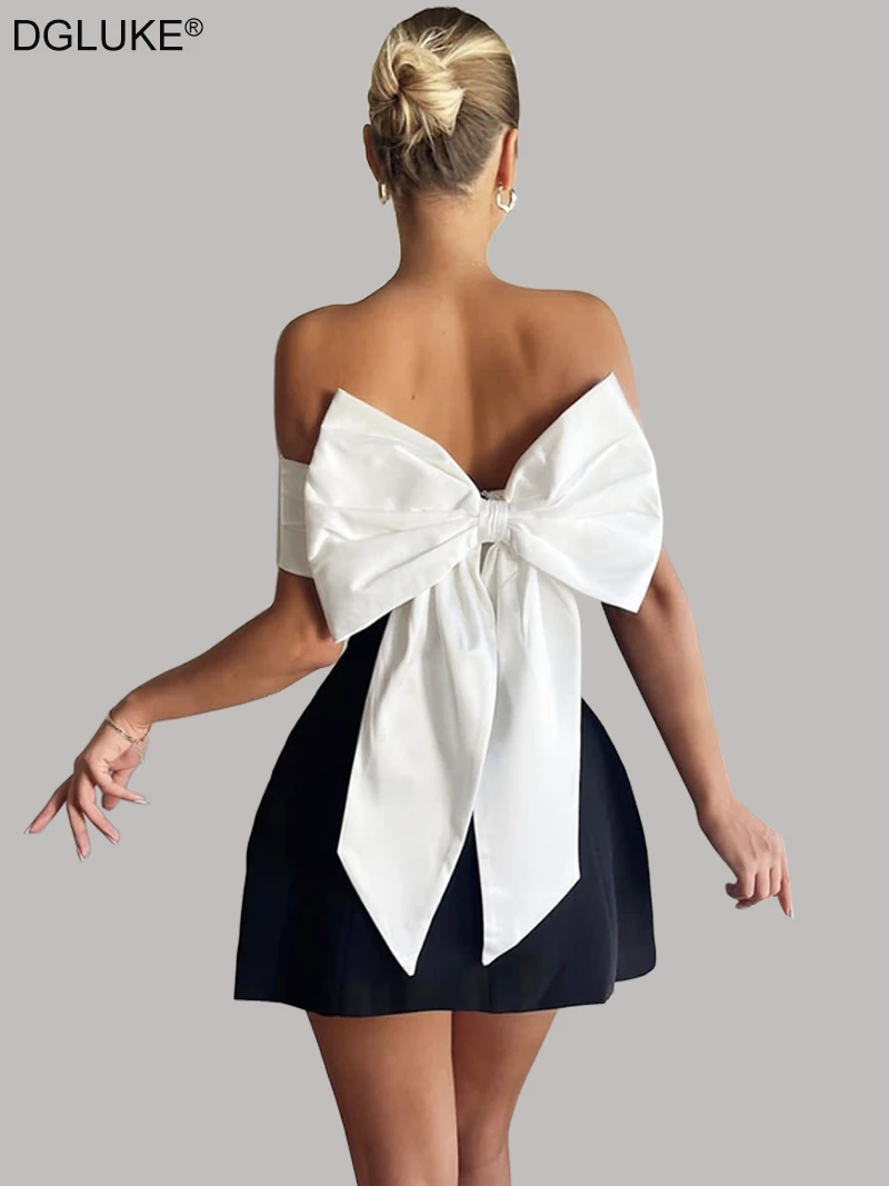 

DGLUKE Off Shoulder Mini Dress With Bow Elegant A-Line Short Prom Party Dresses Woman Contrast Slash Neck Birthday Dress