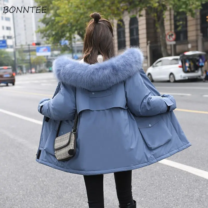 Fur-collar Hooded Parkas Women Big Pockets Cargo Coats Zipper Fashion Winter Outwear Warm Korean Streetwear Clothing Minimalist