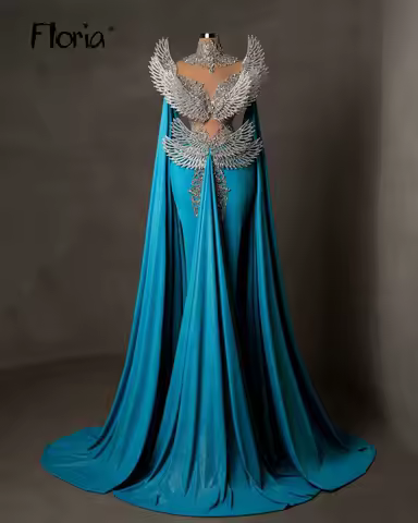 Lake Blue Long Cape Celebrity Dress Chic Pageant Night Party Gowns Saudi Arabi Formal Evening Dress Customized Women Prom Gowns