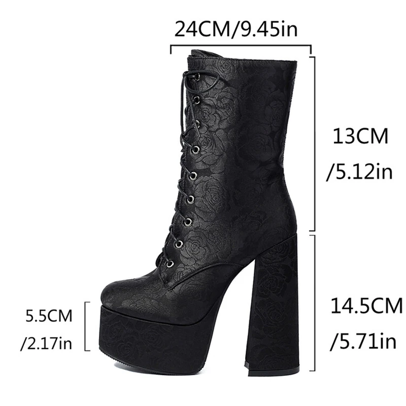 REAVE CAT Satin Women Midcalf Boots Round Toe Extra High 14.5cm Block Heels 5cm Platform Big Size 46 US15 Party Long Booties