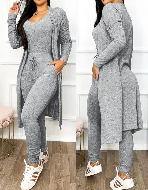 Jumpsuit Women Fashion 2023 Autumn Two Piece U-Neck Sleeveless Drawstring Pocket Design Jumpsuit Suit Set & Long Sleeve Coat Set