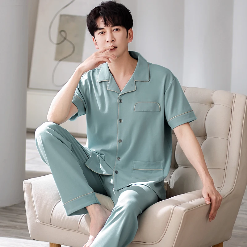 Sleepwear Men Pajamas Men Long Trousers And Short Sleeve Tops Men Pijama Sleep Wear Men Full Pure Cotton Pajamas for Men Sets