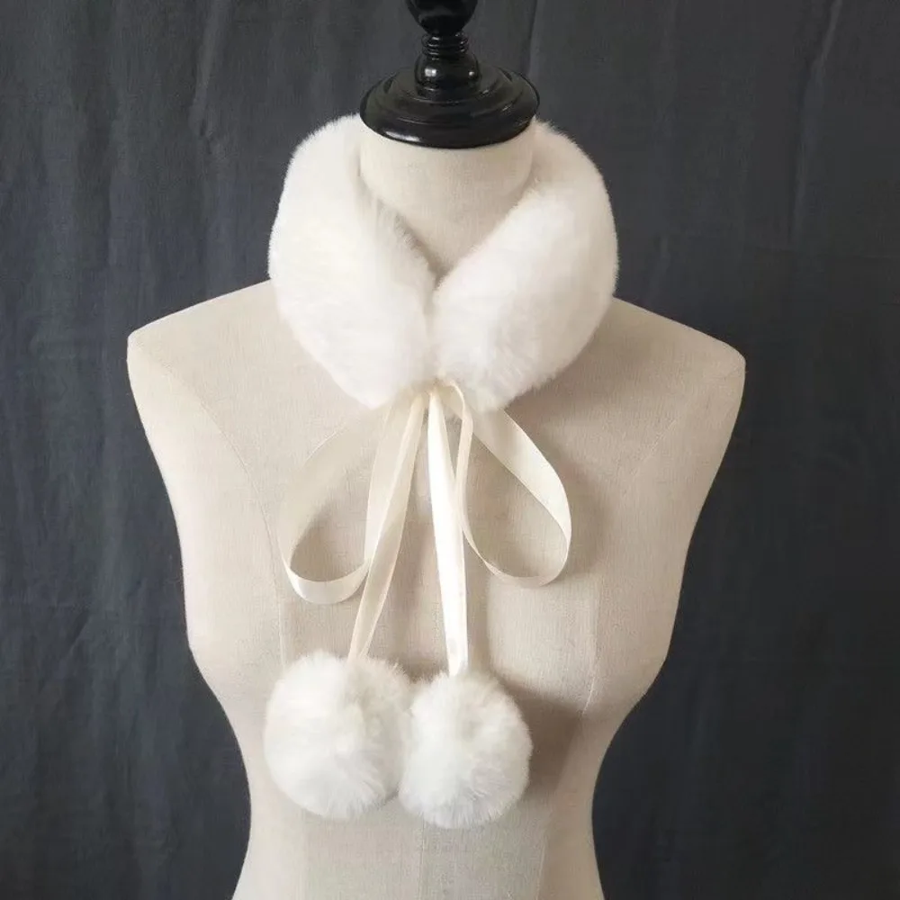 Kawaii Thickened Imitation Fur Rabbit Scarf Warm Hairball Plush Neckerchief Tie Rope Soft Scarf Women