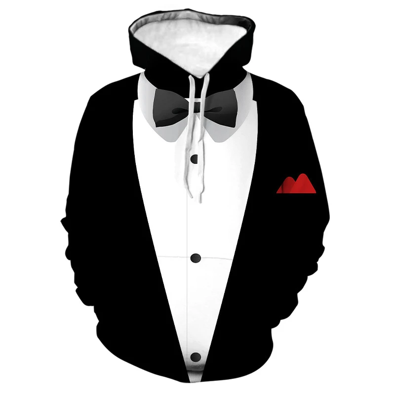 

Newest Funny Fake Suit Fashion 3D Hoodies Tuxedo Bow Tie Print Loose Hooded Sweatshirt Cosplay Casual Pullovers Streetwear Hoody