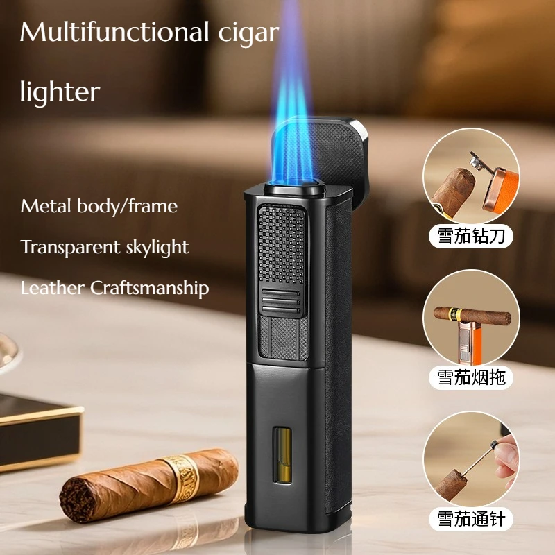 4-in-1 Package Three Heads Straight Out Blue Flame Lighter Cigar Lighter Straight Out High-end Cigar Accessories