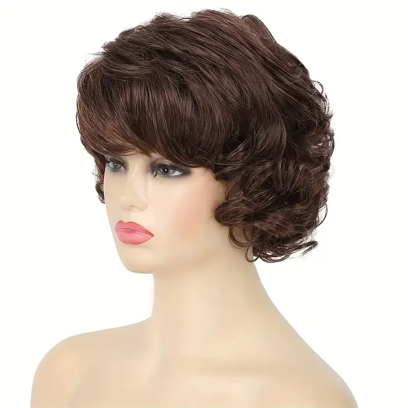 Short brown curly wavy wig with bangs synthetic stylish brown wig for women Full Women's daily Party Wig