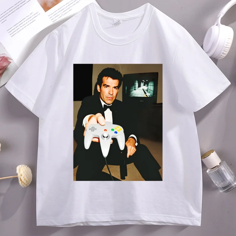 Golden Eye 007 Game Tshirt Casual Round Neck Pullover Gamer T Shirt Funny Graphic Tees Loose Round Neck Comfortable Clothing