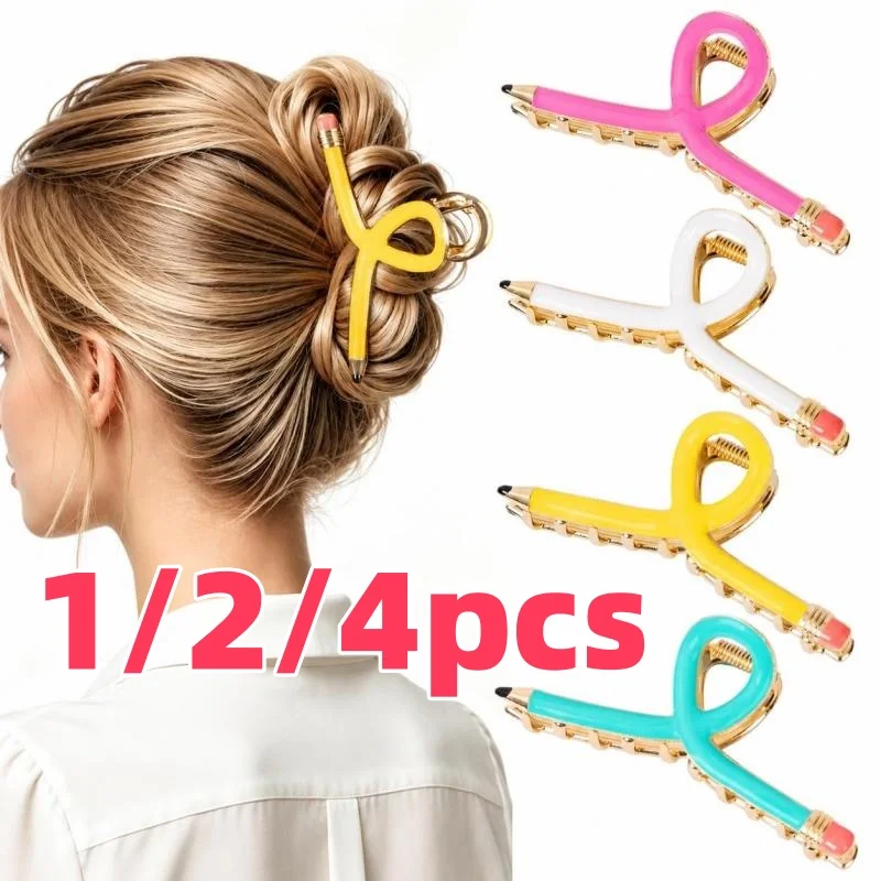 1/2/4pcs Pencil Hair Claw Clips for Women, Back to School Teacher Hair Clips Pink Pencil Shape Claw Clips for Thick or Thin Hair