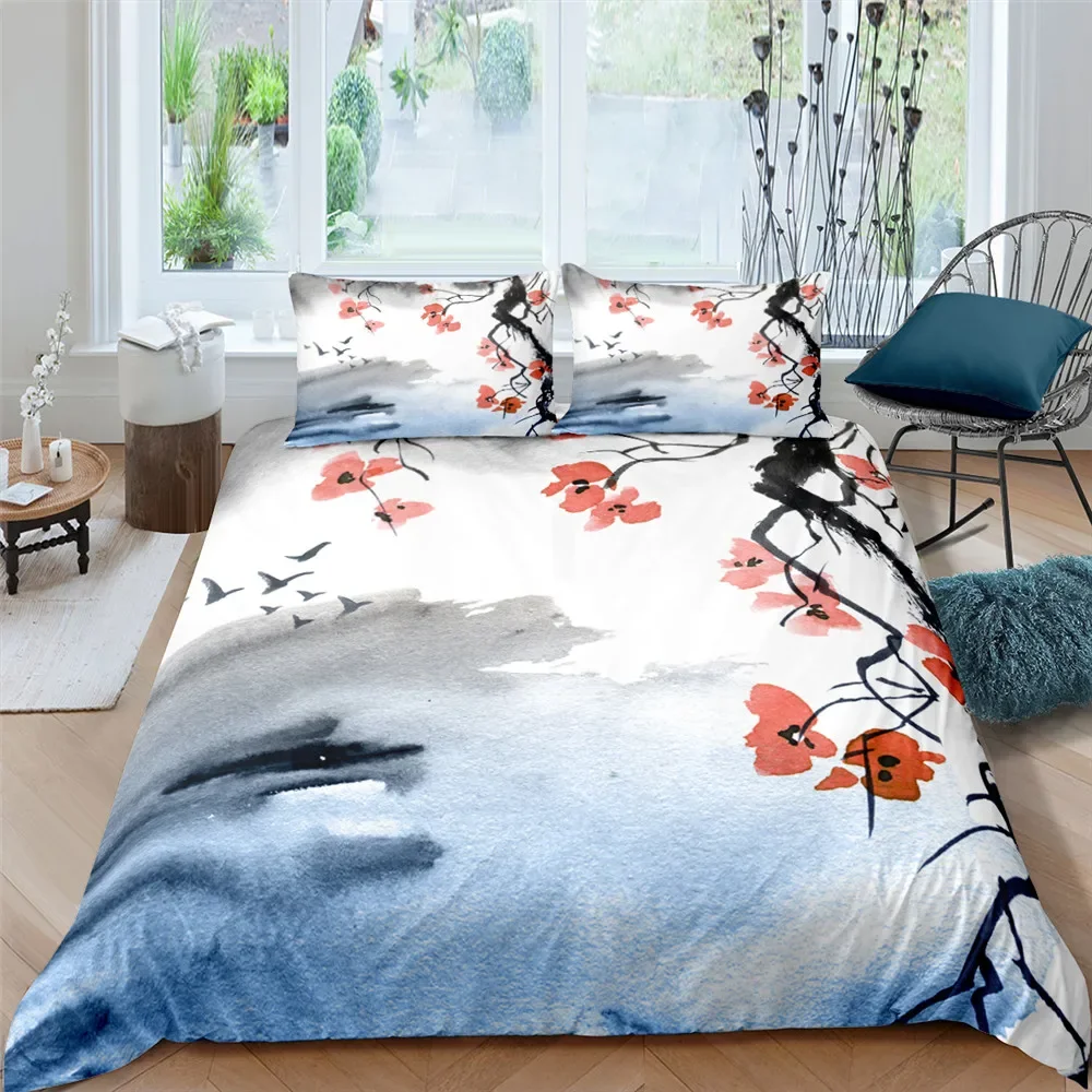 Flower Duvet Cover Cherry Blossoms Bedding Set With Pillowcase 2/3pcs Quilt Cover Home Textiles Floral Polyester Comforter Cover