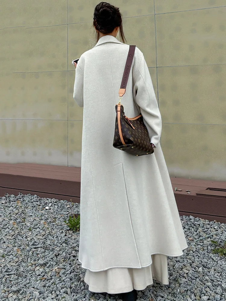 New Women Elegant Daily Woolen Coat Autumn Winter Fashion Suit Collar Double Breasted Long Wool Blends Coat Loose Overcoat