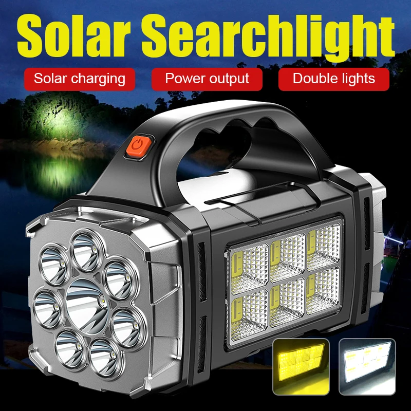 2024 Powerful LED Flashlight USB+Solar Rechargeable Flashlight COB Outdoor Camping Torch Portable Searchlight Power Bank Outdoor