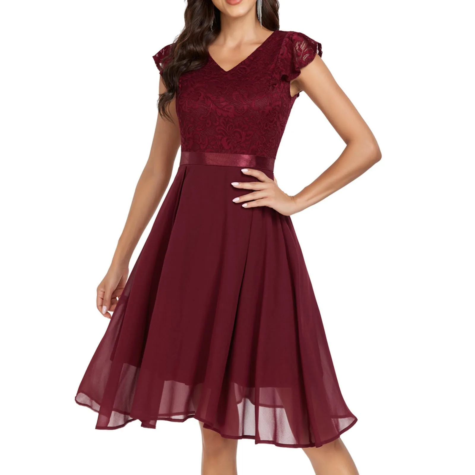 

Women'S Solid Color Vintage Dress V-Neck Short-Sleeved Lace Patchwork Knee-Length Dress Elegant Chiffon Style Bridesmaid Dress