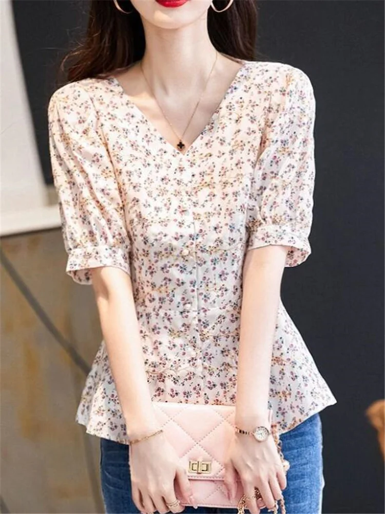 Korte Mouwen Shirt Voor Vrouwen Blouses Bloemen Vrouwen Shirt Zomer V-Hals Vest Blous Casual Bedrukt Top Chiffon Shirt