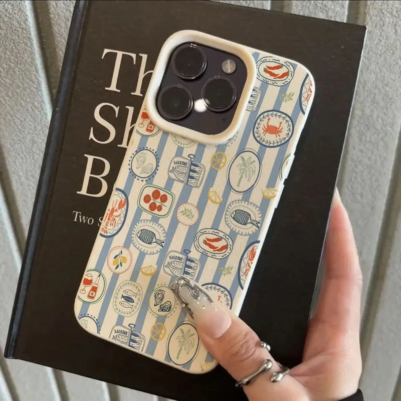 A Striped Gourmet Patterned Lychee-Textured Phone Case For iPhone 11 12 13 14 15 16 17 Pro Max 14 15 Plus 17Air Shockproof Cover