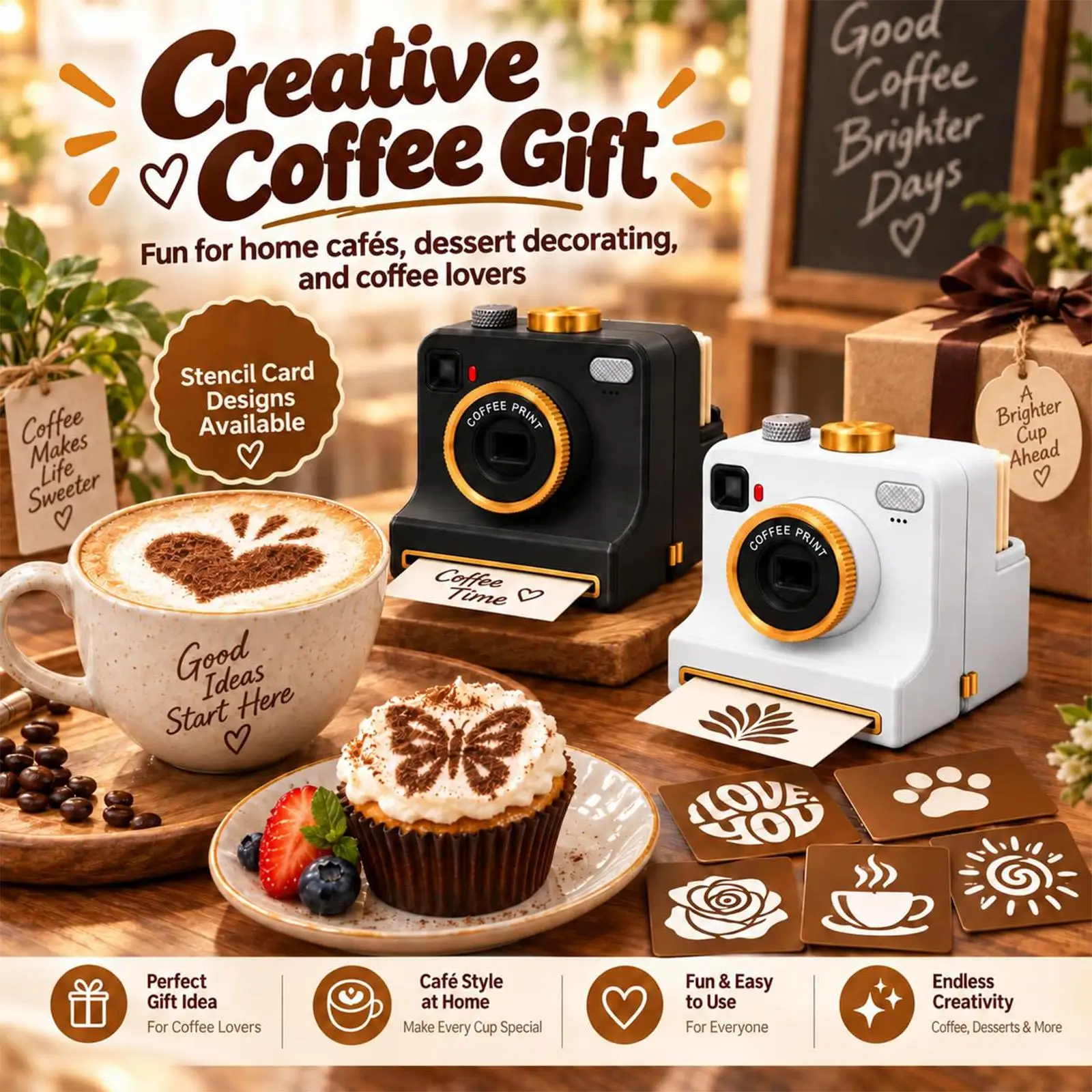 3D Printed Latte Art Camera Retro Cappuccino Foam Device Manual Coffee Stencil Maker Template Cards for Home Cafe Dorm Indoor