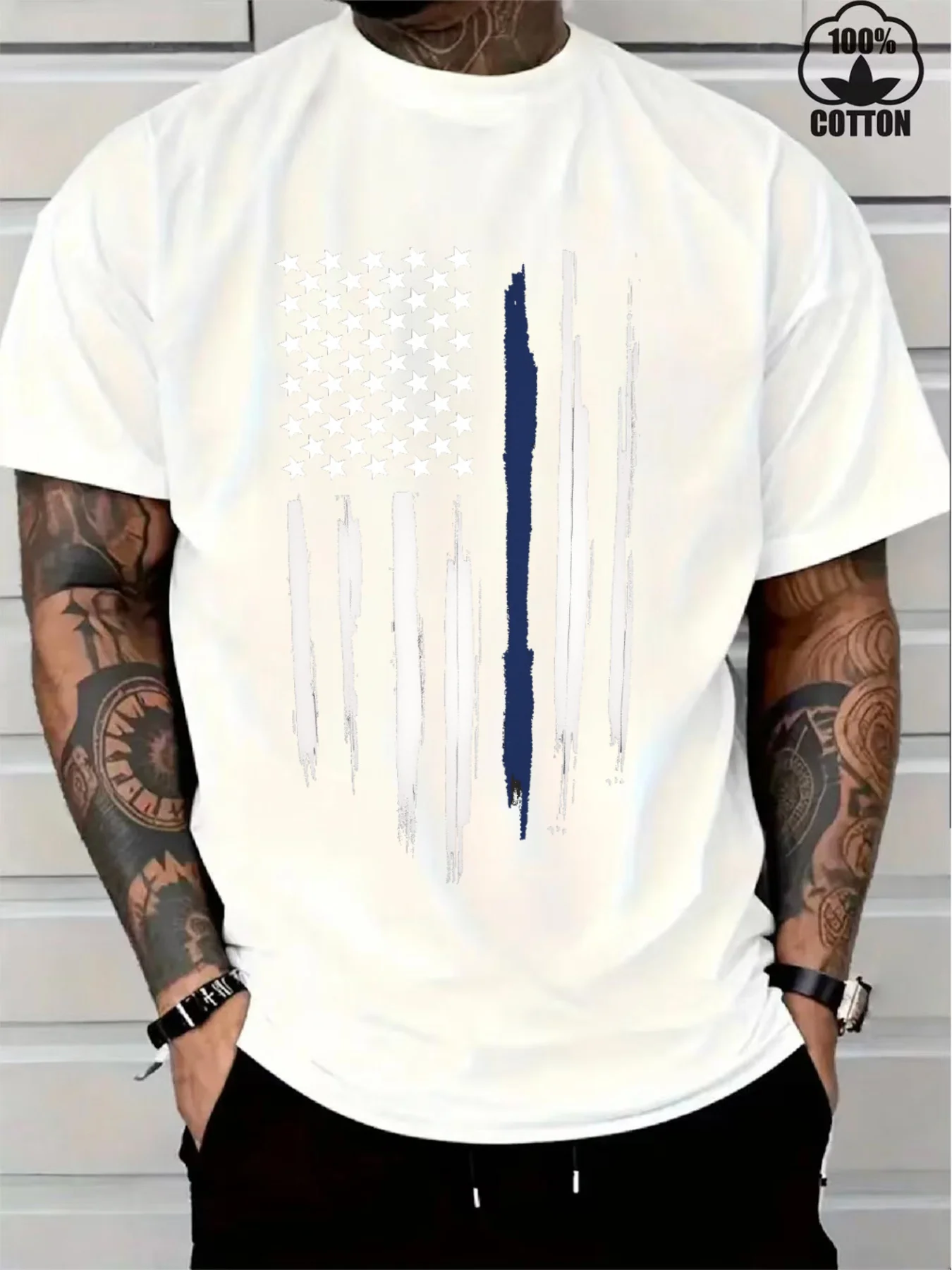 

Men's American Flag Print T-Shirt 100% Cotton Breathable Casual Tee with Support Police Design, Made in USA for Summer Daily