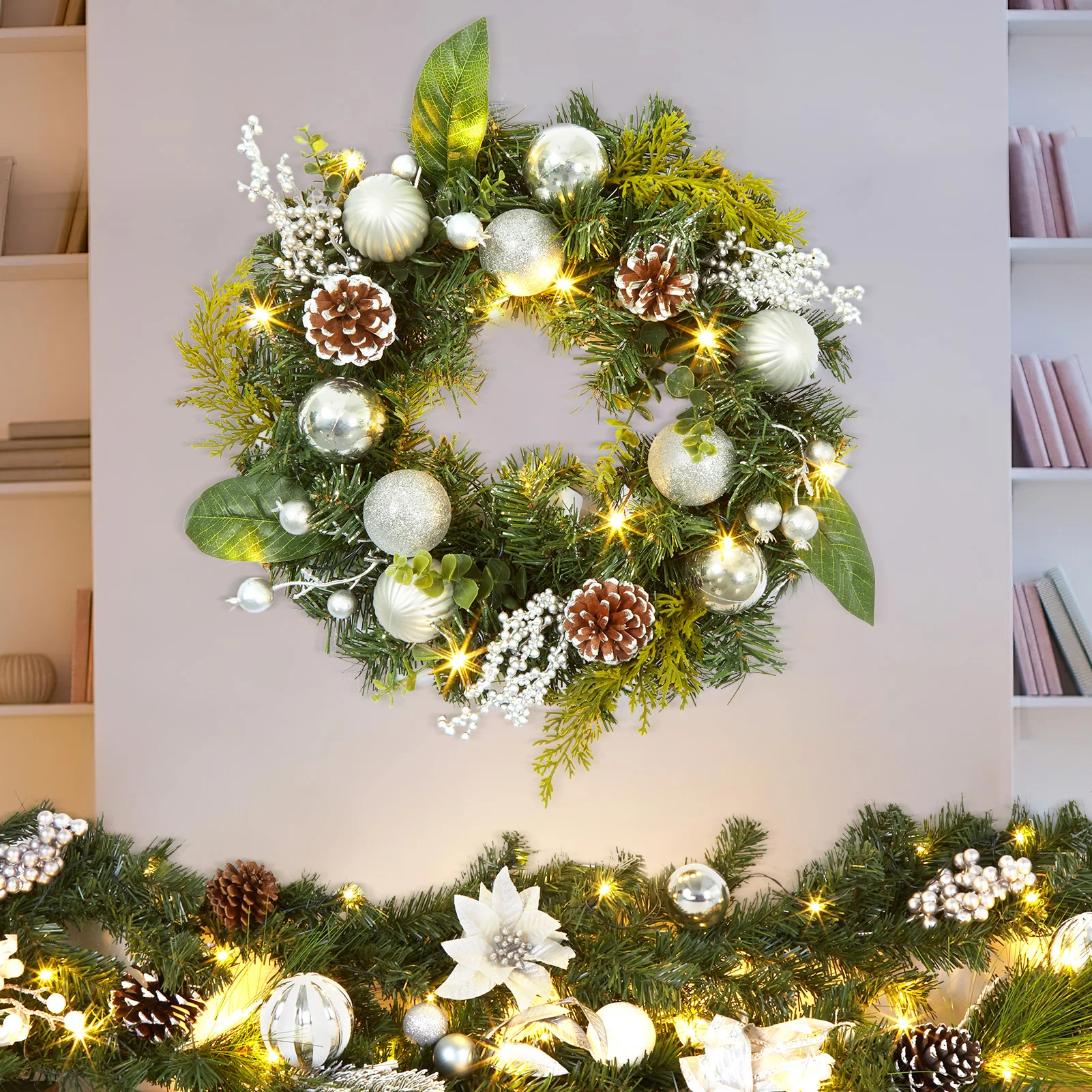 18 In Pre-Lit Christmas Wreath for Front Door, 45cm Silver Front Door Wreaths With 15 Led Lights, Xmas Baubles, Berries