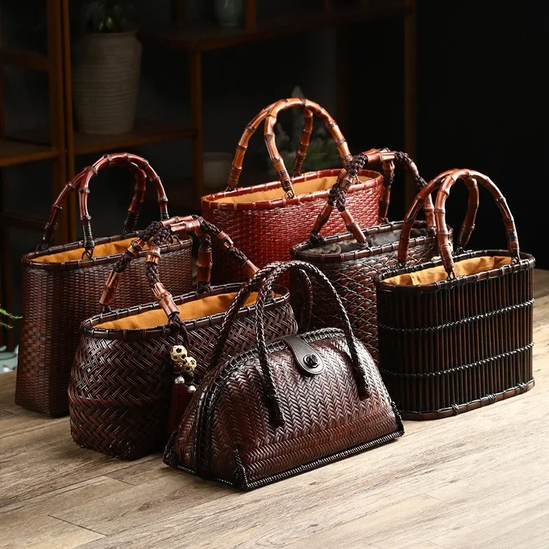 

Japanese Style Retro Bamboo Woven Bag High Quality Handmade Handbag Women Bamboo Carrying Bag Kung Fu Tea Set Storage Basket