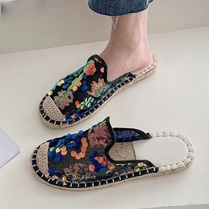 Women Embroider Hemp Flats Slippers Slip on Casual Canvas Shoes Sewing Ladies Breathable Female Fashion Comfort Outdoor Footwear