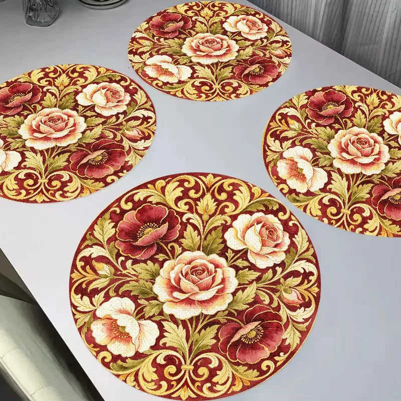 VIKAMA New Chinese Blue and White Porcelain Peony Round Flax Table Mat Insulation and Wear resistant Table Mat Table Decoration