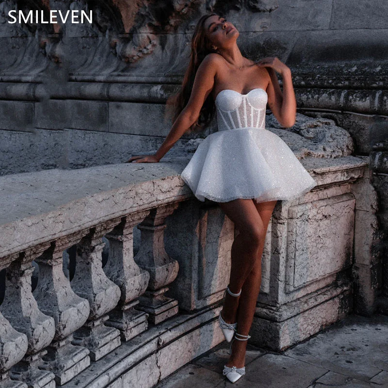 Smileven A-Line Shiny Glitter Tulle Prom Dress Sweetheart Mid-Calf Prom Gowns Strapless Bride Formal Party Dress Customized 2024