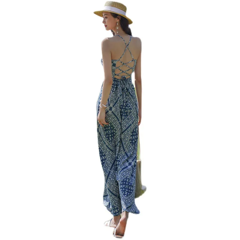 High Quality Blue Floral Sleeveless Boho Beach Dress Women 2021 Vintage Sexy Slim Lace Up Backless Dress Dress Chic Long Ladies