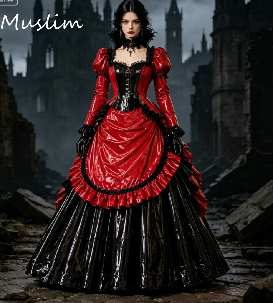 Rot-Schwarzes Gotisches Viktorianisches Ballkleid 2026, Lackleder Vampir-Kostüm, Abendkleider für Halloween, Mittelalterliche Festkleidung