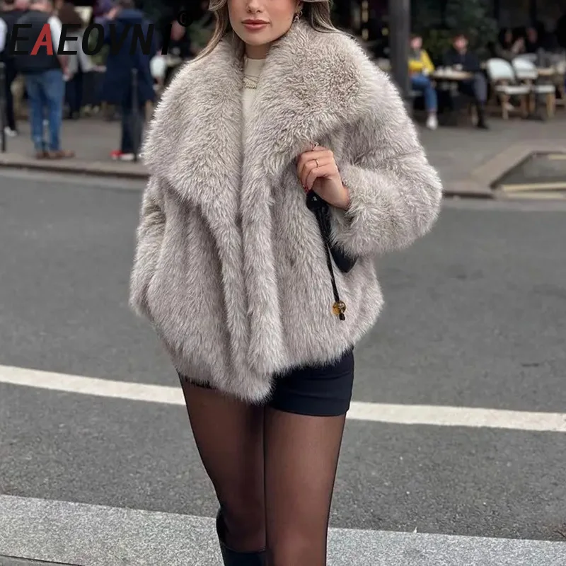 

EAEOVNI High Street Fur Jacket For Women Lapel Collar Long Sleeve Solid Color Outerwear Coat Fashion Winter New Clothing